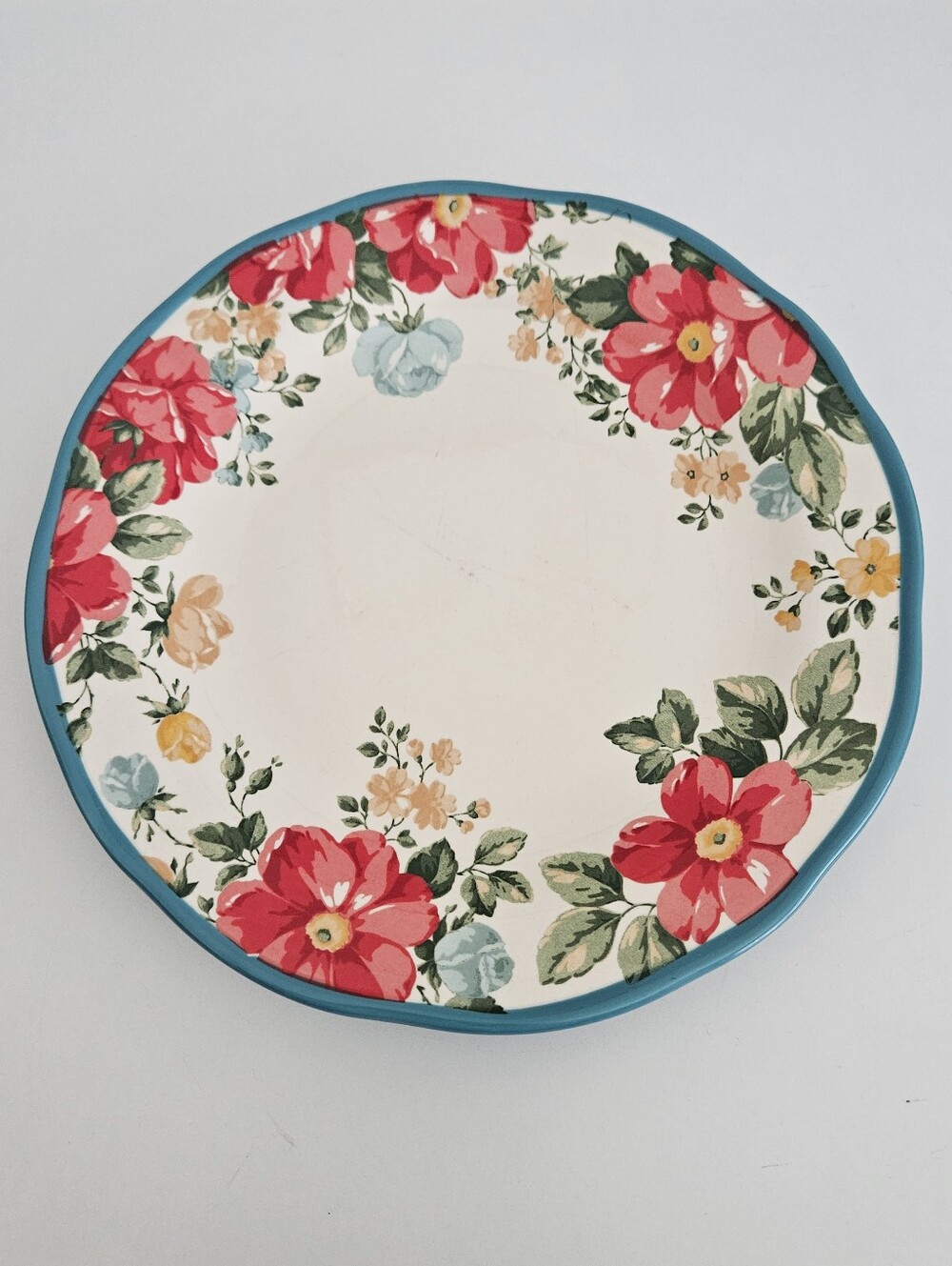 The Pioneer Woman Vintage Floral Teal Scalloped Dinner Plate 10.75" Stoneware